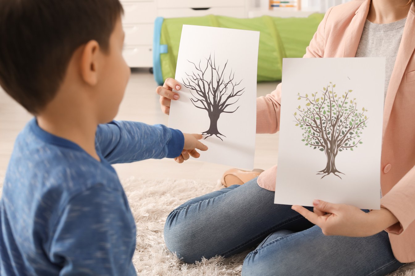 Psychologist Showing Pictures to a Boy with Autism